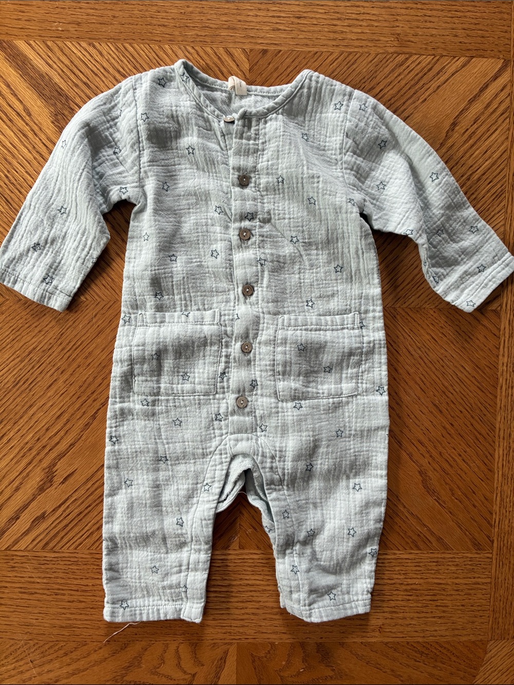 Quincy Mae Romper 12-18m Blue Star Cotton Gauze Organic Long Sleeve Lightweight